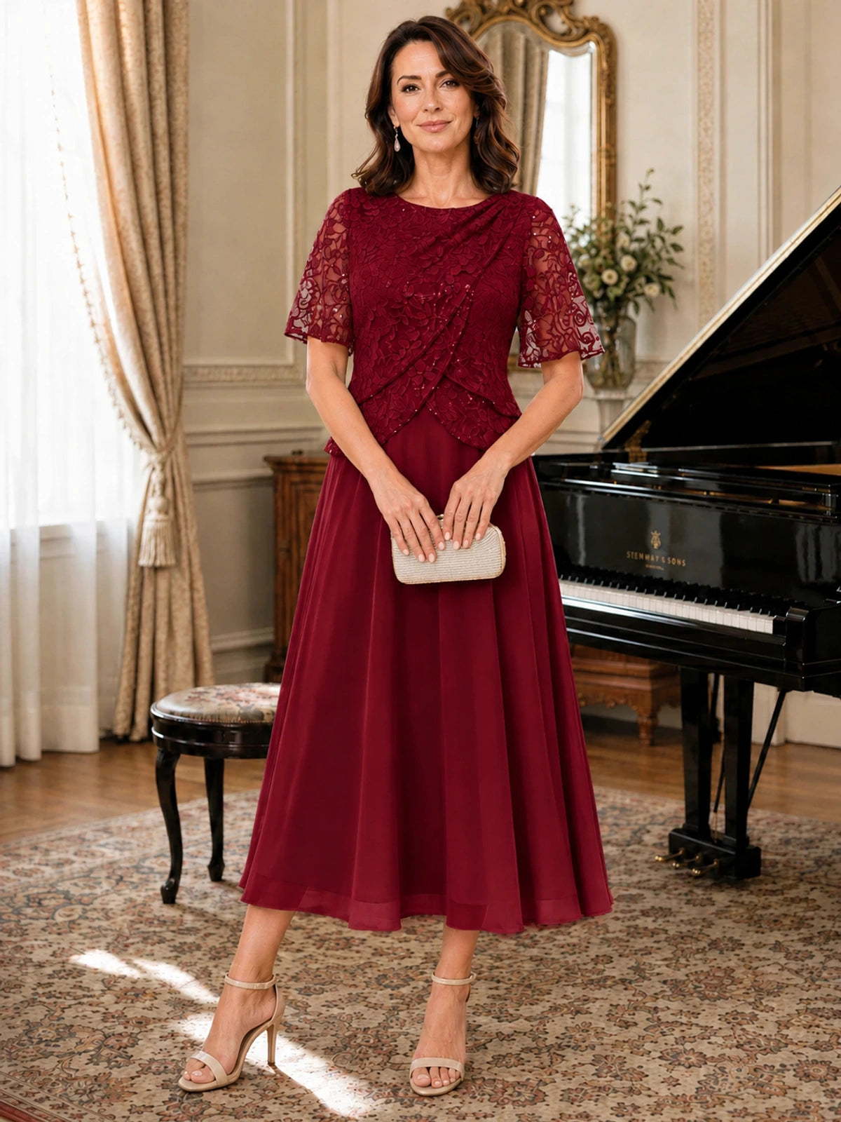 Tea-Length Chiffon Mother of the Bride Dress with Sequin Lace Sleeves