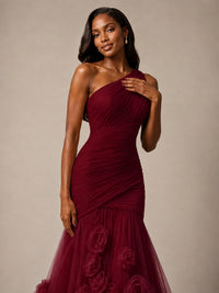 Blush Pink One Shoulder 3D Floral Mermaid Prom Dress