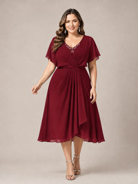 Navy Blue A-Line V-Neck Tea-Length Mother of the Bride Dress