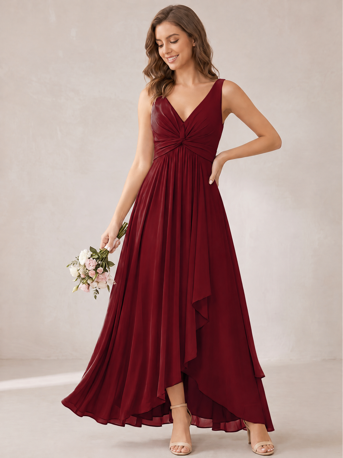V-Neck High-Low Chiffon Bridesmaid Dress with Ruffles
