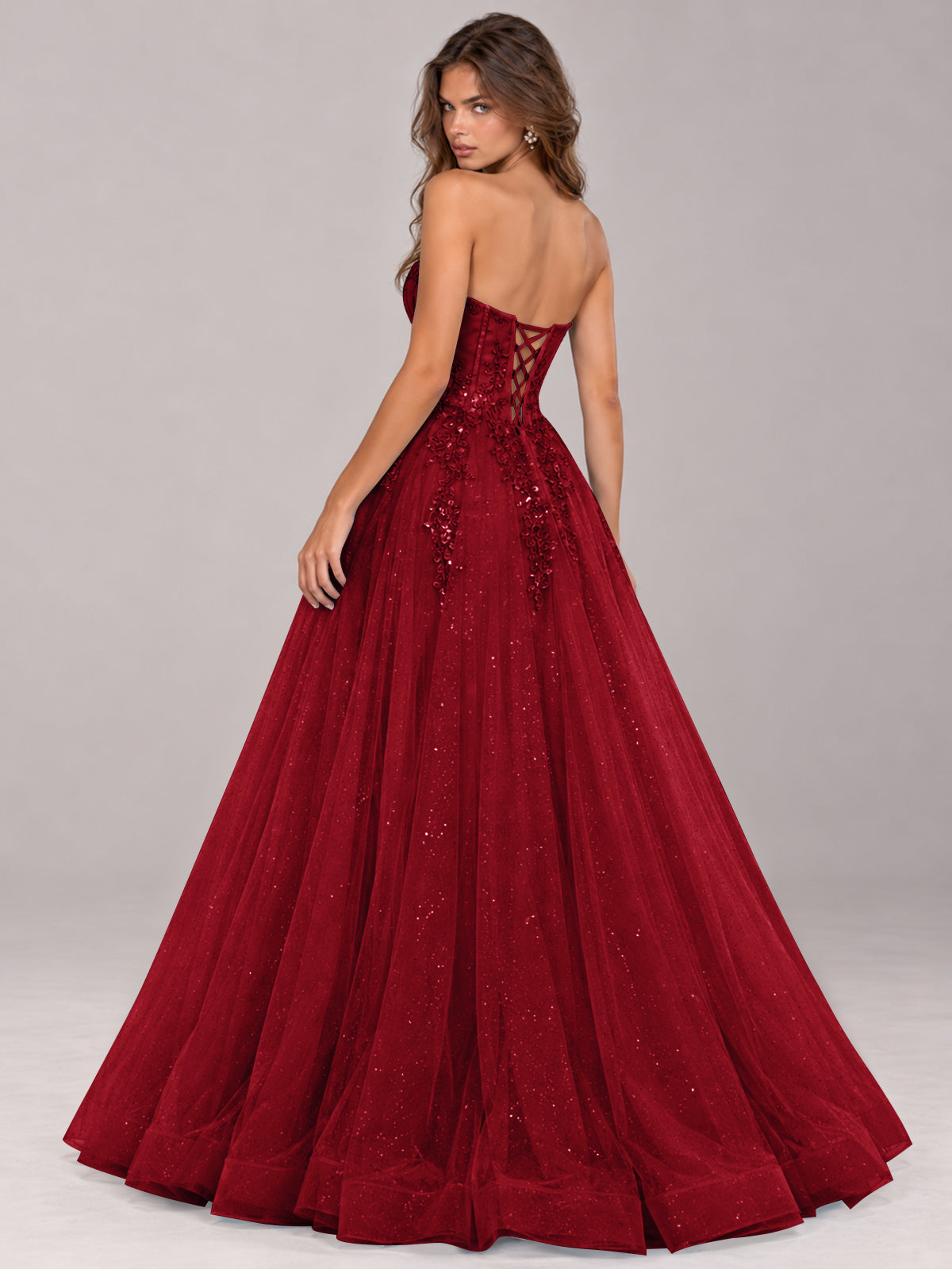 Strapless Sweetheart Beaded Corset Glitter Tulle Ball Gown Prom Dress