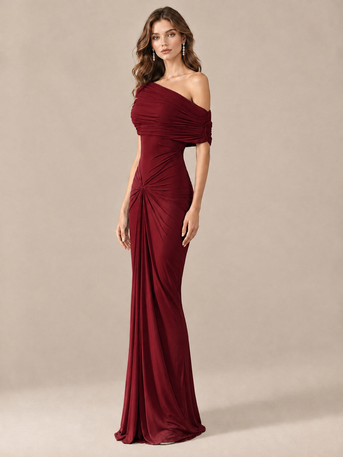 Elegant Draped Off Shoulder Ruched Mermaid Chiffon Formal Evening Gown