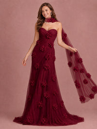 Blush Pink Strapless Sweetheart 3D Floral Tulle Mermaid Prom Dress