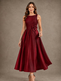 Tea-Length Satin Mother of the Bride Dress with 3D Flower Detail