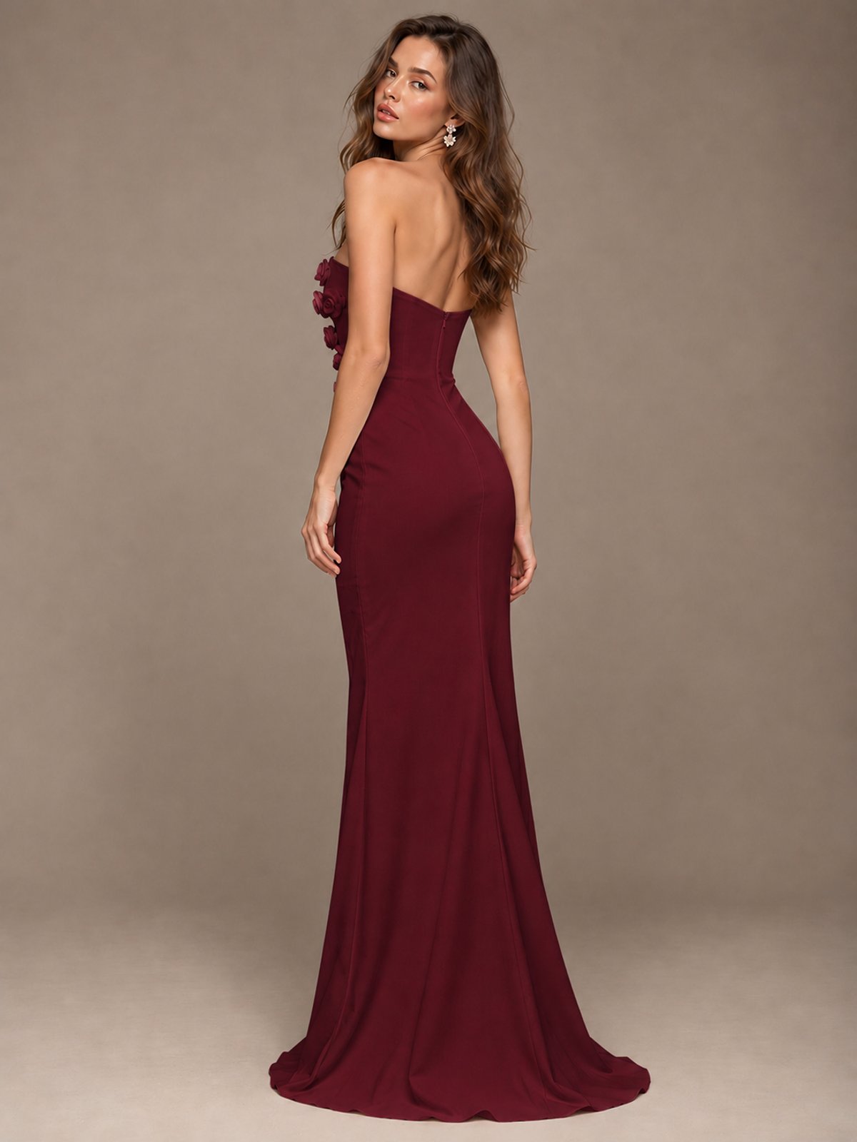 White Strapless Mermaid Maxi Dress with 3D Floral Appliques