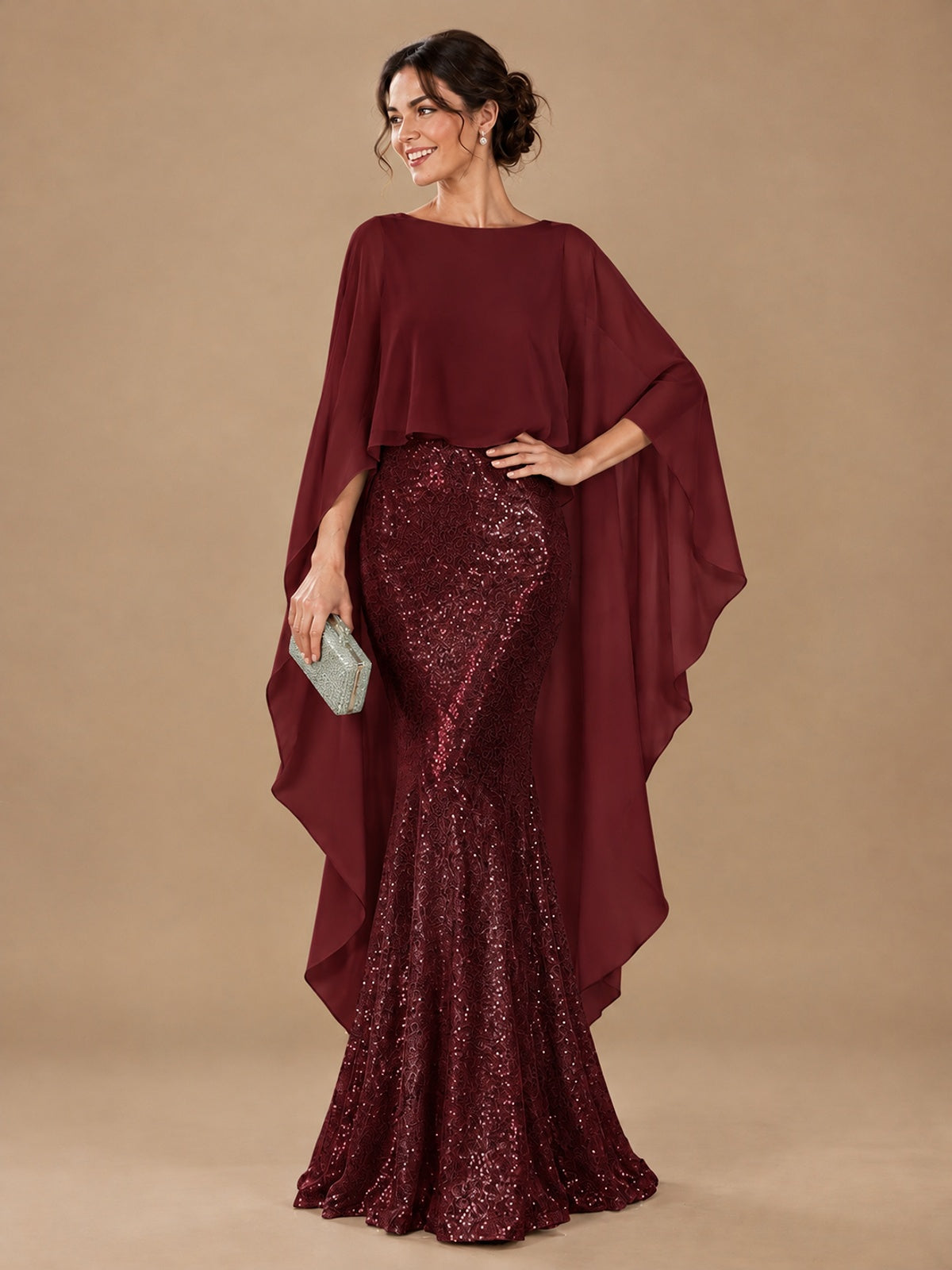 Sequin 2 Pieces Mother of the Bride Dress with Cap Sleeves Chiffon Formal Gowns