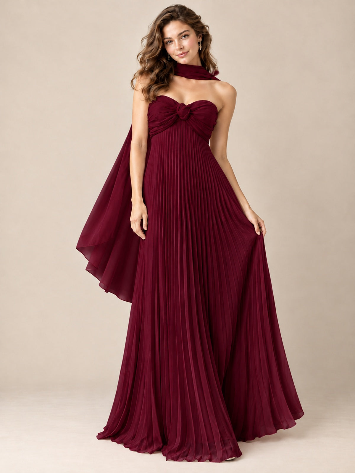 Sweetheart Neckline Pleated Prom Dress Strapless A-line Formal Dress with Flowy Scarf