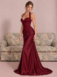 Sparkling Halter Corset Satin Mermaid Prom Dress