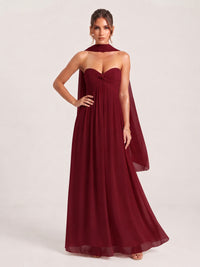Strapless Ruched Chiffon Long Prom Dress with Scarf