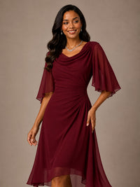 Cowl Neck Ruched Chiffon Mother of the Bride Dresses with Flutter Sleeves