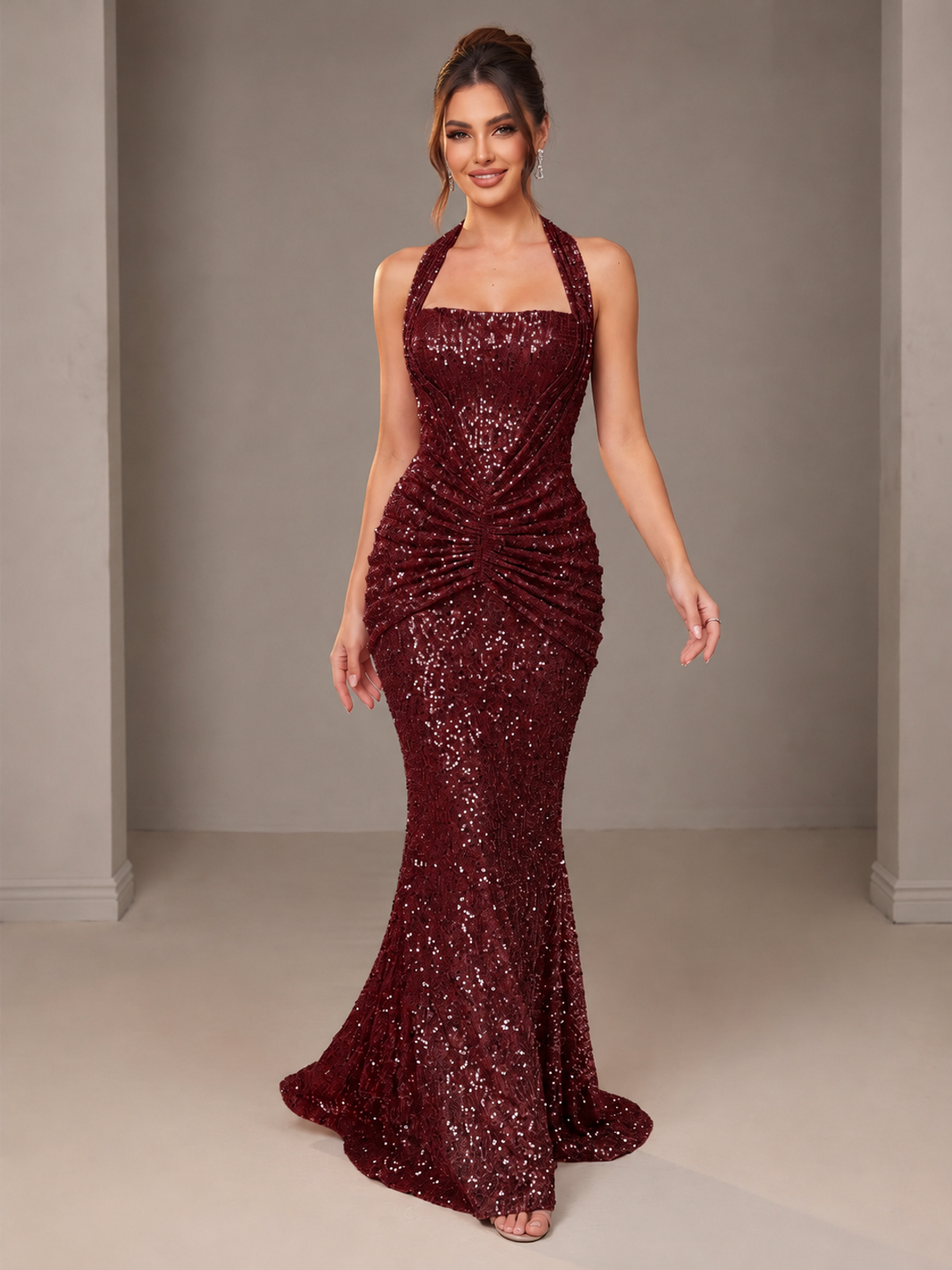 Gold Halter Sequin Mermaid Ruched Prom Dress Long Ruched Evening Gown