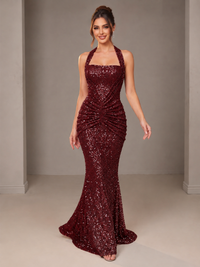 Gold Halter Sequin Mermaid Ruched Prom Dress Long Ruched Evening Gown