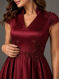 Lace Appliqué A-Line Satin Maxi Dress