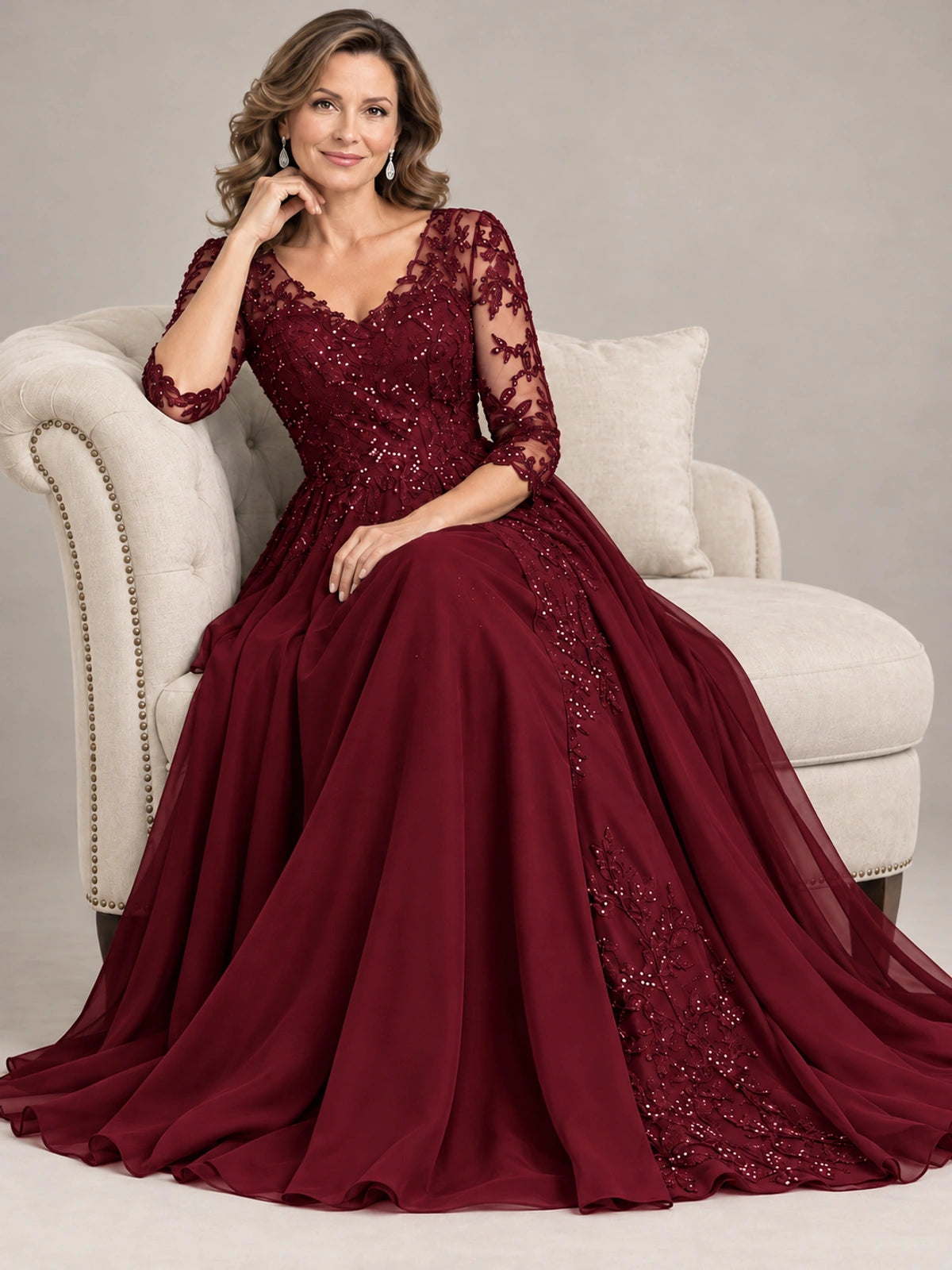 Sequin Lace A-Line Mother of the Bride Dress with 3/4 Sleeves