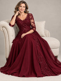 Sequin Lace A-Line Mother of the Bride Dress with 3/4 Sleeves