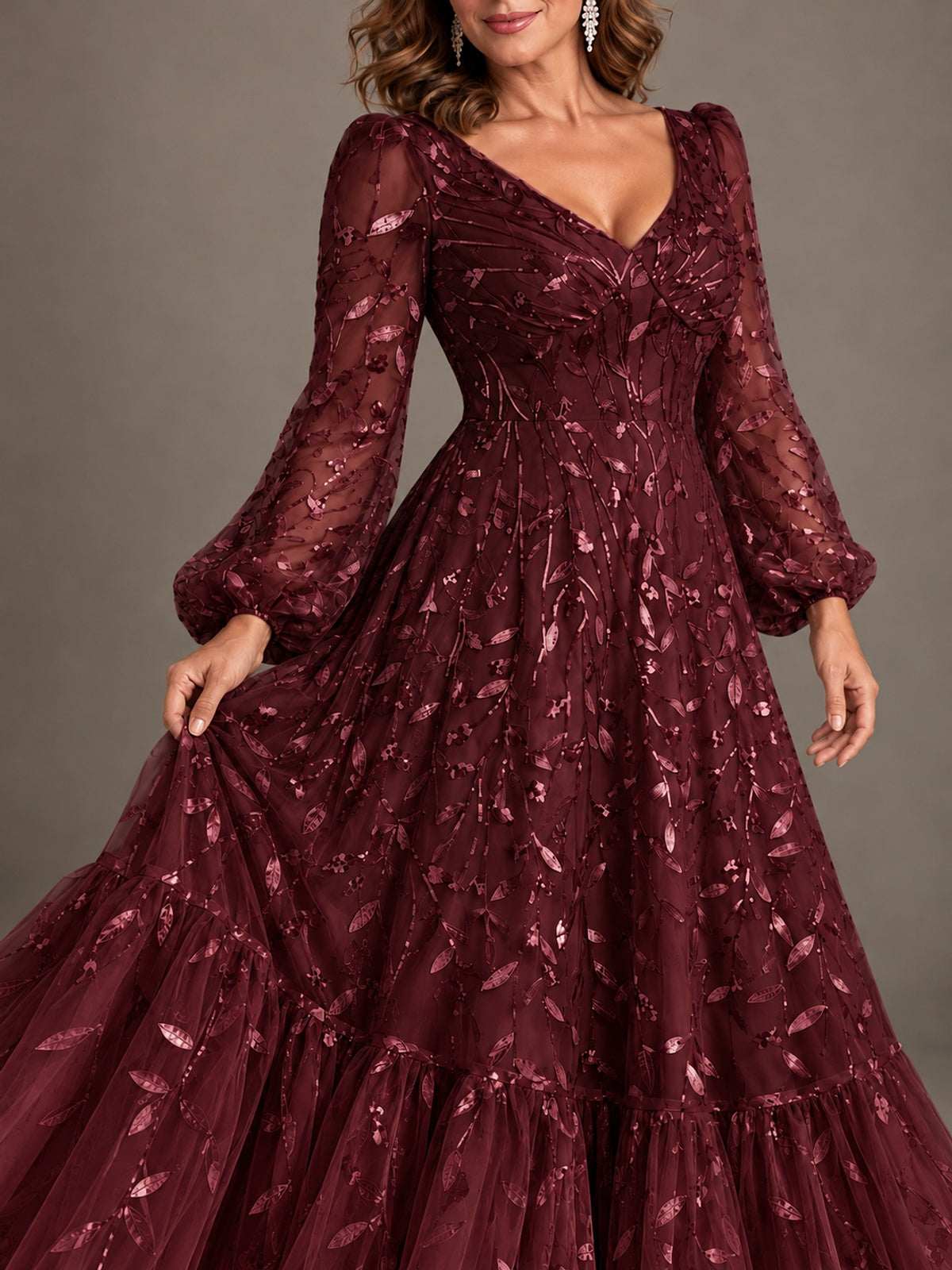 Floral Sequin Embroidered A-Line Mother of the Bride Dress with Long Sleeves