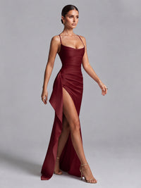 Square Neck Satin Long Prom Dress with Ruffles