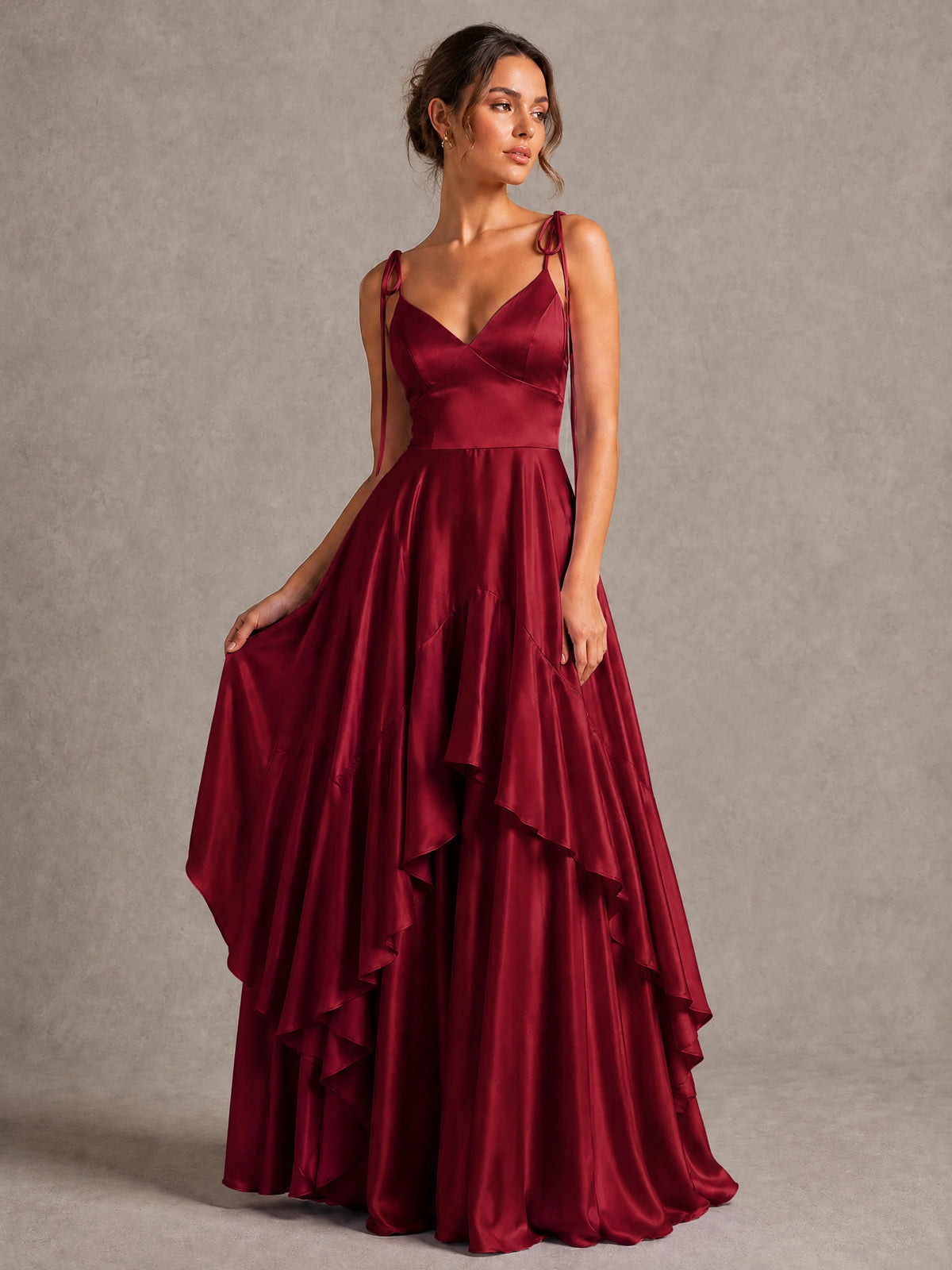 Lavender Satin V-Neck Ruffle Maxi Dress