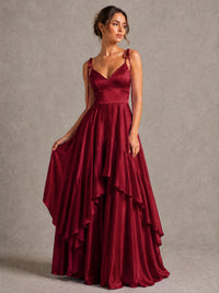 Lavender Satin V-Neck Ruffle Maxi Dress