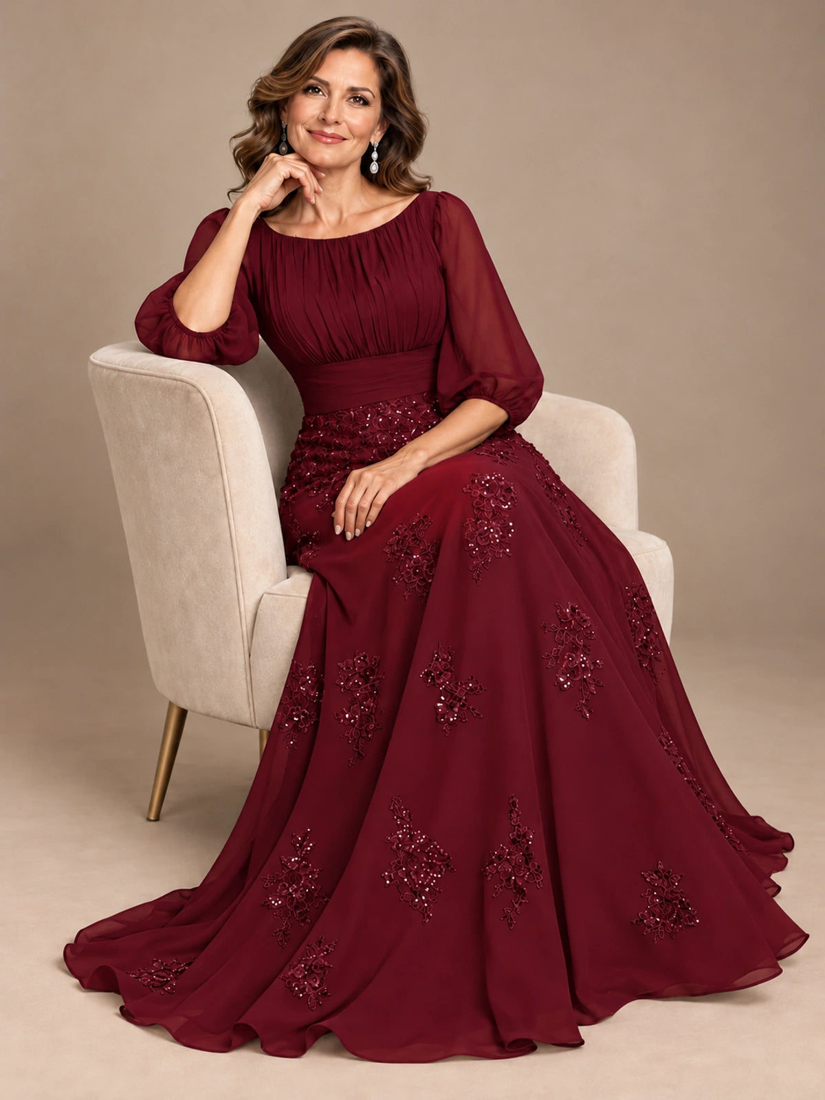 A-Line Mother of the Bride Dress with Sheer Puff Sleeves