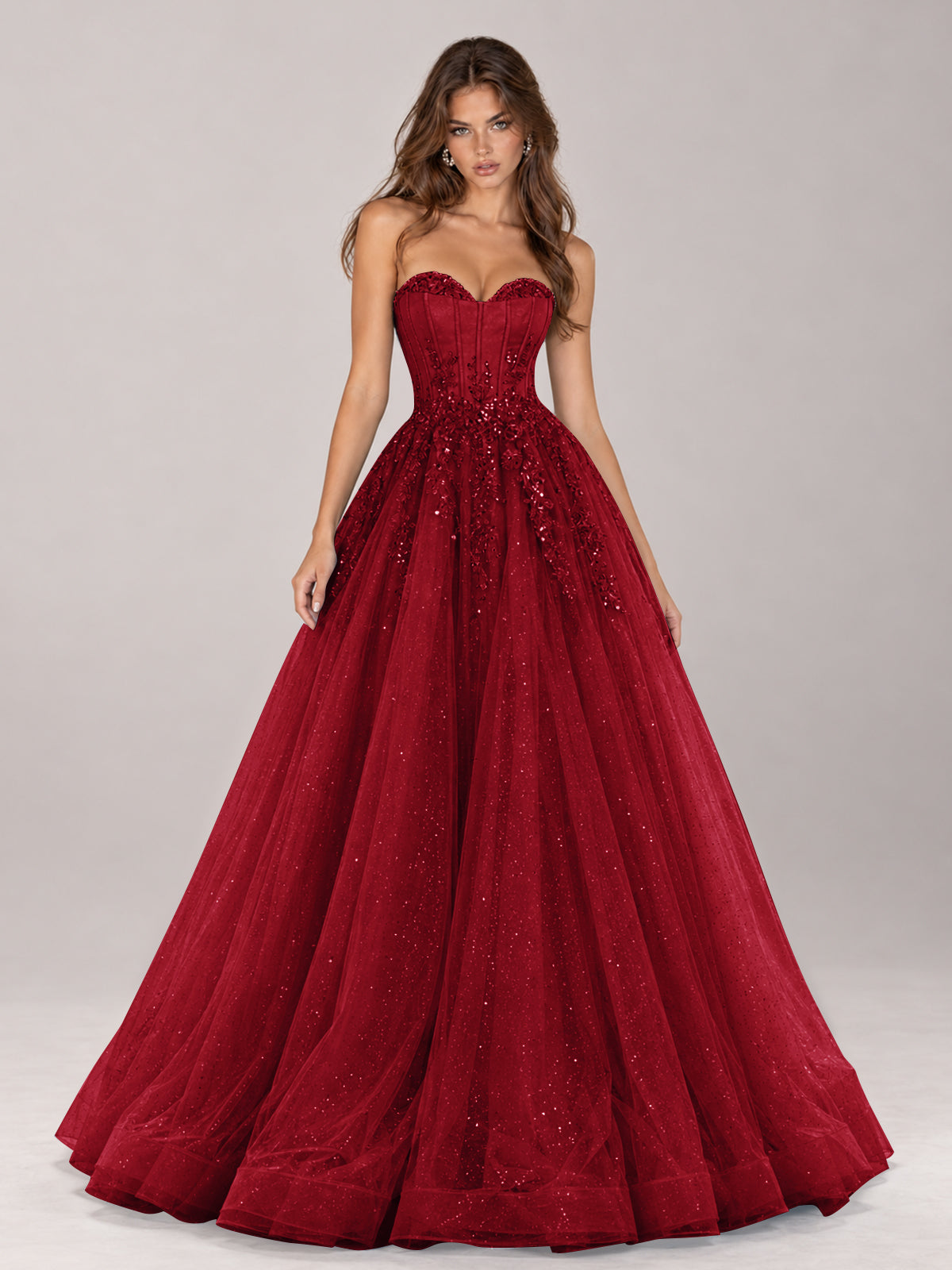 Strapless Sweetheart Beaded Corset Glitter Tulle Ball Gown Prom Dress