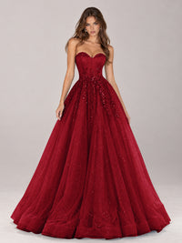 Strapless Sweetheart Beaded Corset Glitter Tulle Ball Gown Prom Dress