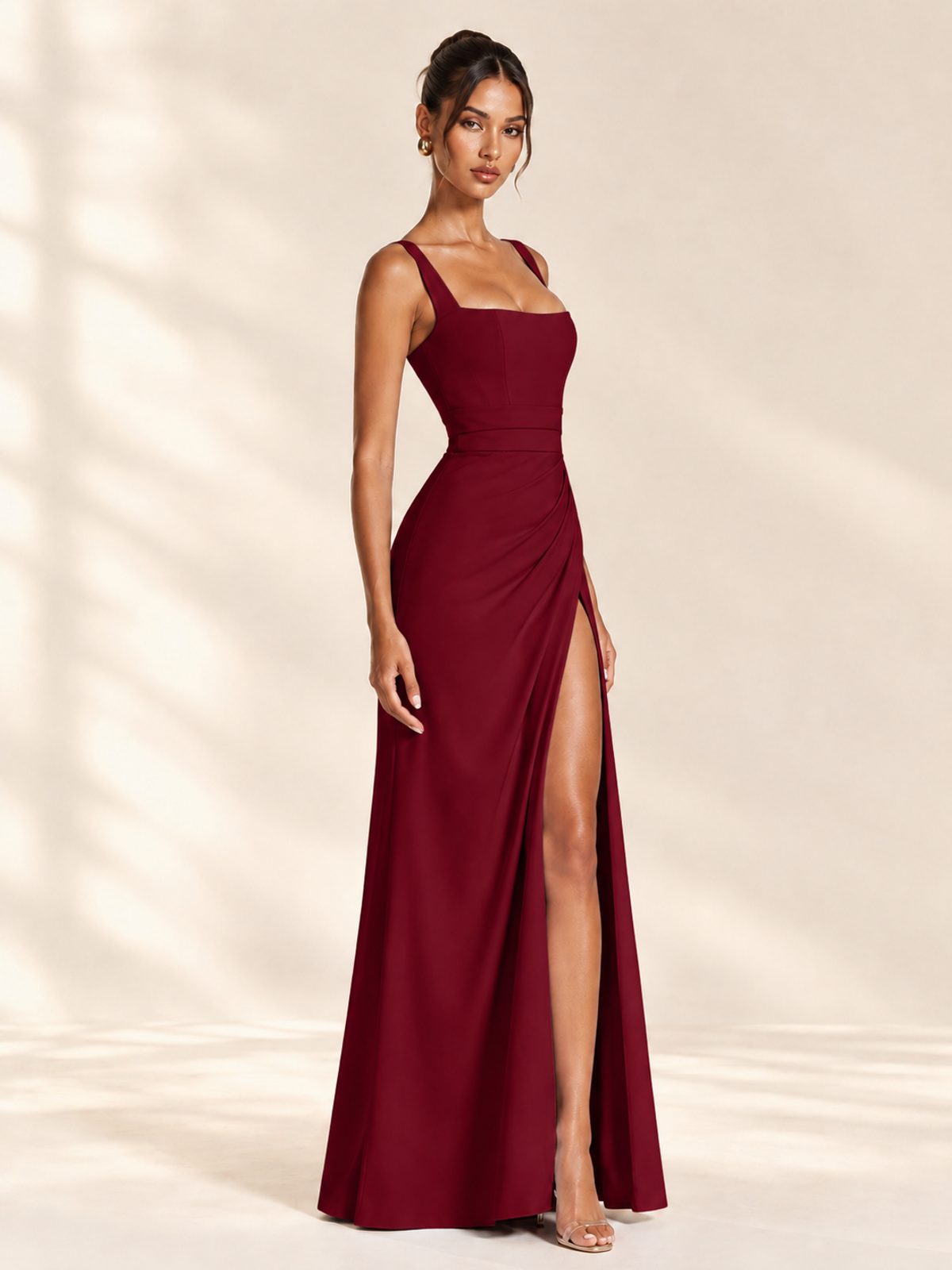 Square Neck Satin Sleeveless Ruched Prom Dress with High Slit