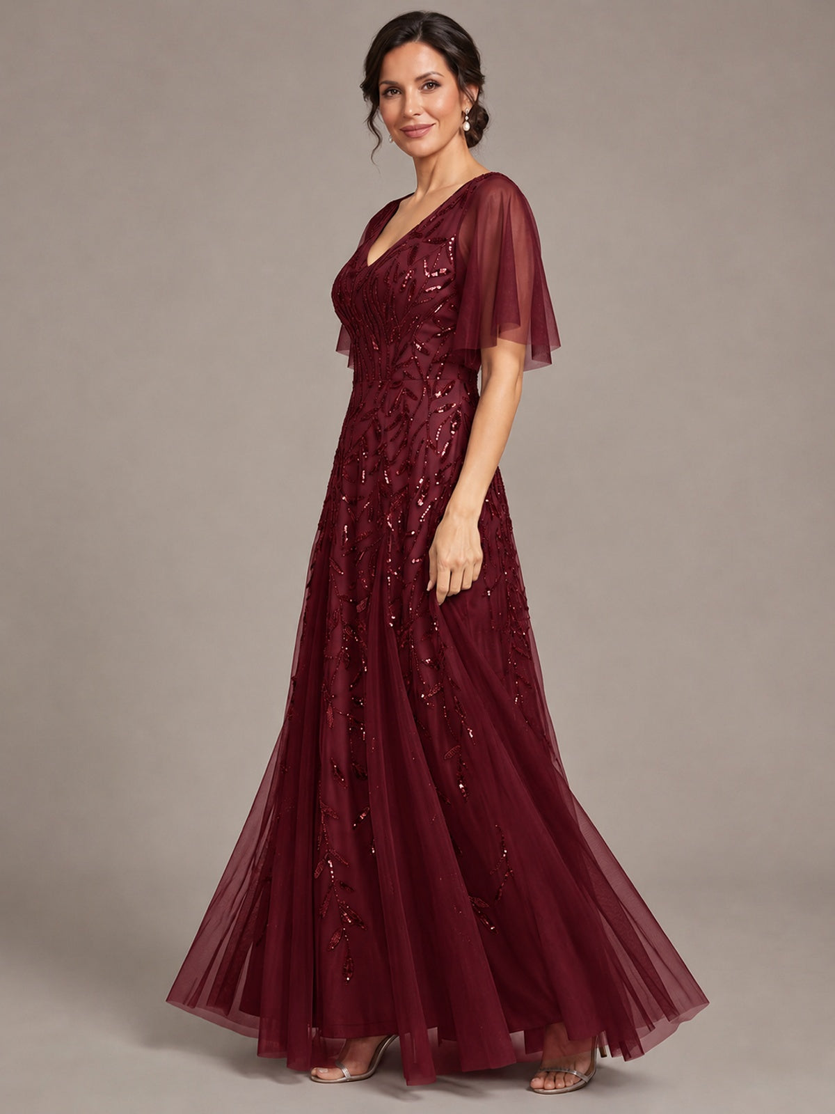 V-Neck Sequin Tulle Mother of the Bride Dress with Flutter Sleeve