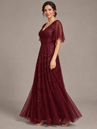 V-Neck Sequin Tulle Mother of the Bride Dress with Flutter Sleeve