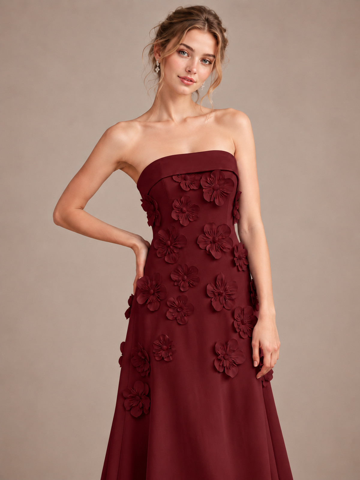 Yellow Strapless 3D Floral Appliques Maxi Dress