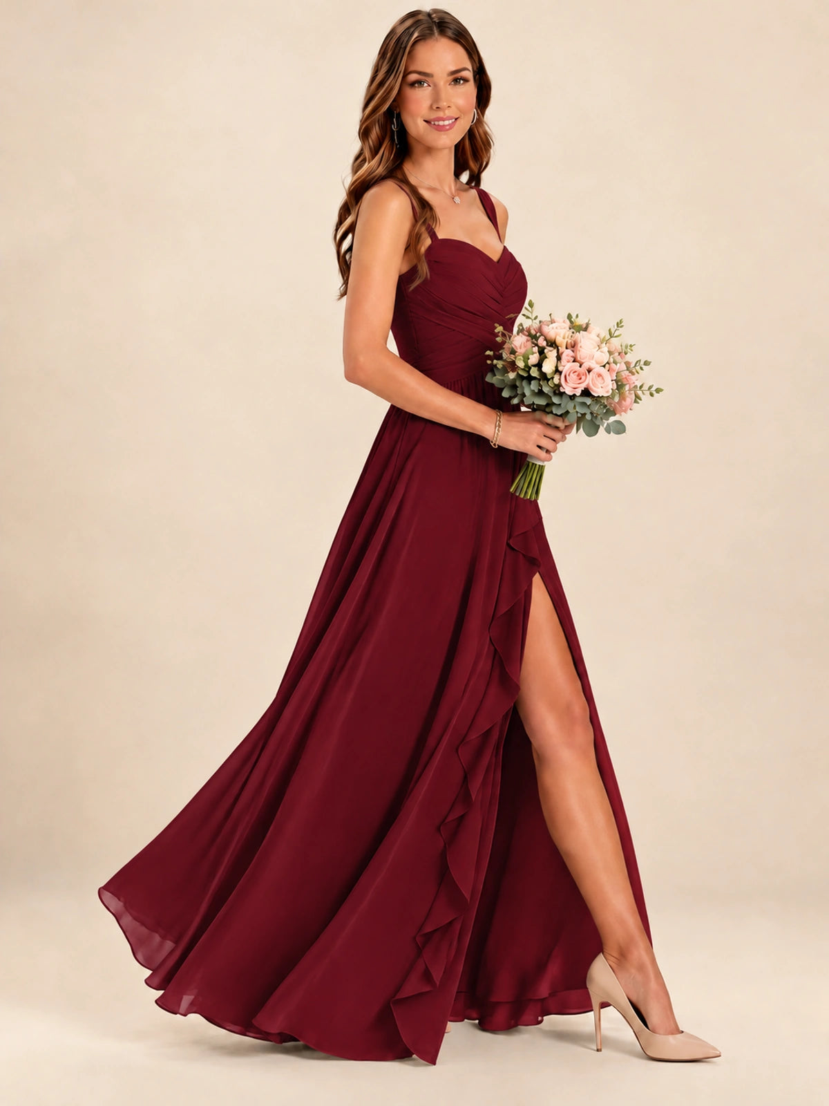 Spaghetti Straps Pleated Chiffon Bridesmaid Dress with Ruffle Slit