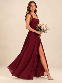 Spaghetti Straps Pleated Chiffon Bridesmaid Dress with Ruffle Slit