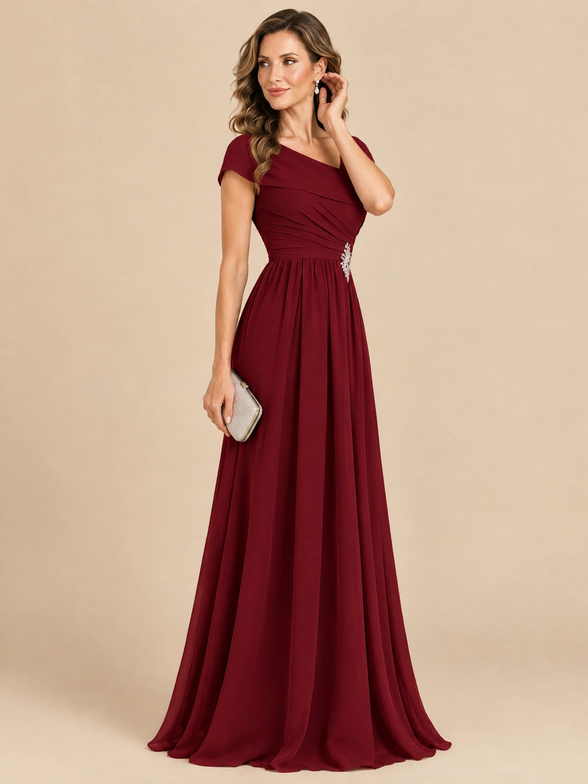 Cap Sleeve Mother of The Bride Dresses Long Chiffon Formal Gowns