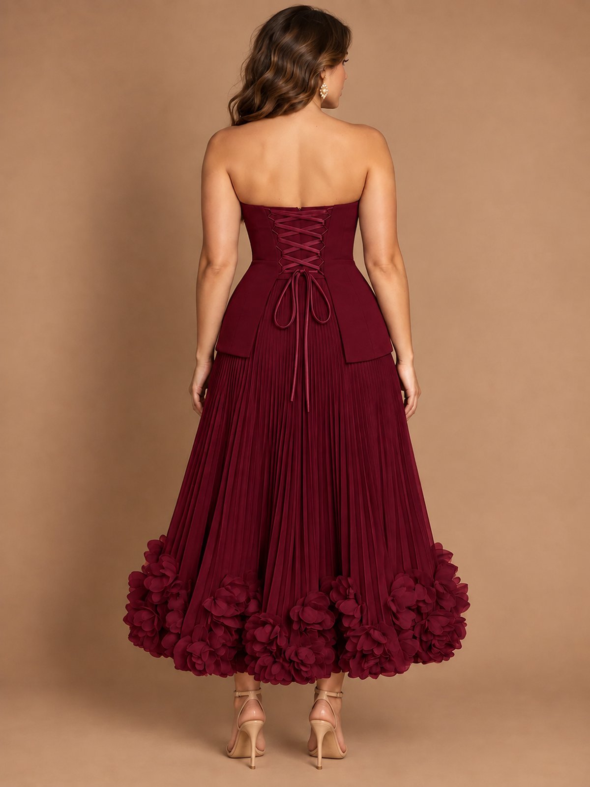 Navy Blue Strapless Pleated A-Line Midi Dress with 3D Floral Applique