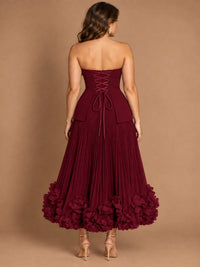 Navy Blue Strapless Pleated A-Line Midi Dress with 3D Floral Applique