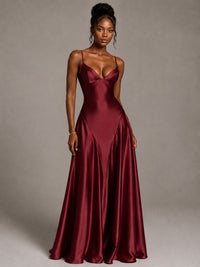 Lavender V Neck Satin Prom Dress with Spaghetti Straps