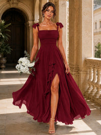 Ruffle Slit Chiffon A Line Scoop Neck Bridesmaid Dresses with Pockets