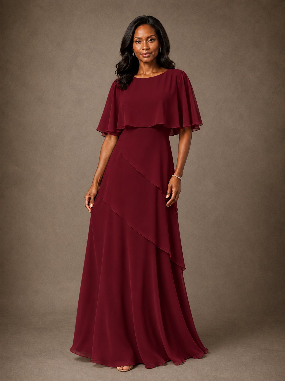 Taupe Chiffon A-Line Mother of the Bride Dress with Cape Sleeves