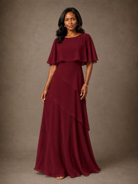 Taupe Chiffon A-Line Mother of the Bride Dress with Cape Sleeves