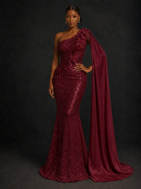 Gold Sequin One Shoulder Mermaid Prom Dress with Cape