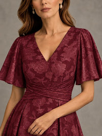 V-Neck Floral Jacquard Tea-Length Mother of the Bride Dress