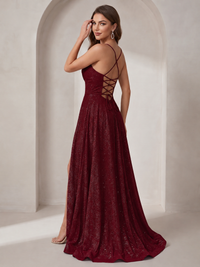 Sparkly Cowl Neck Corset Long Prom Dress with Slit A-line Tulle Ball Gown