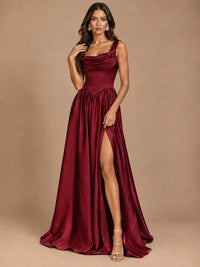 Cowl Neck Pleated Satin Prom Dress with Pockets & Slit Maxi Formal Gowns