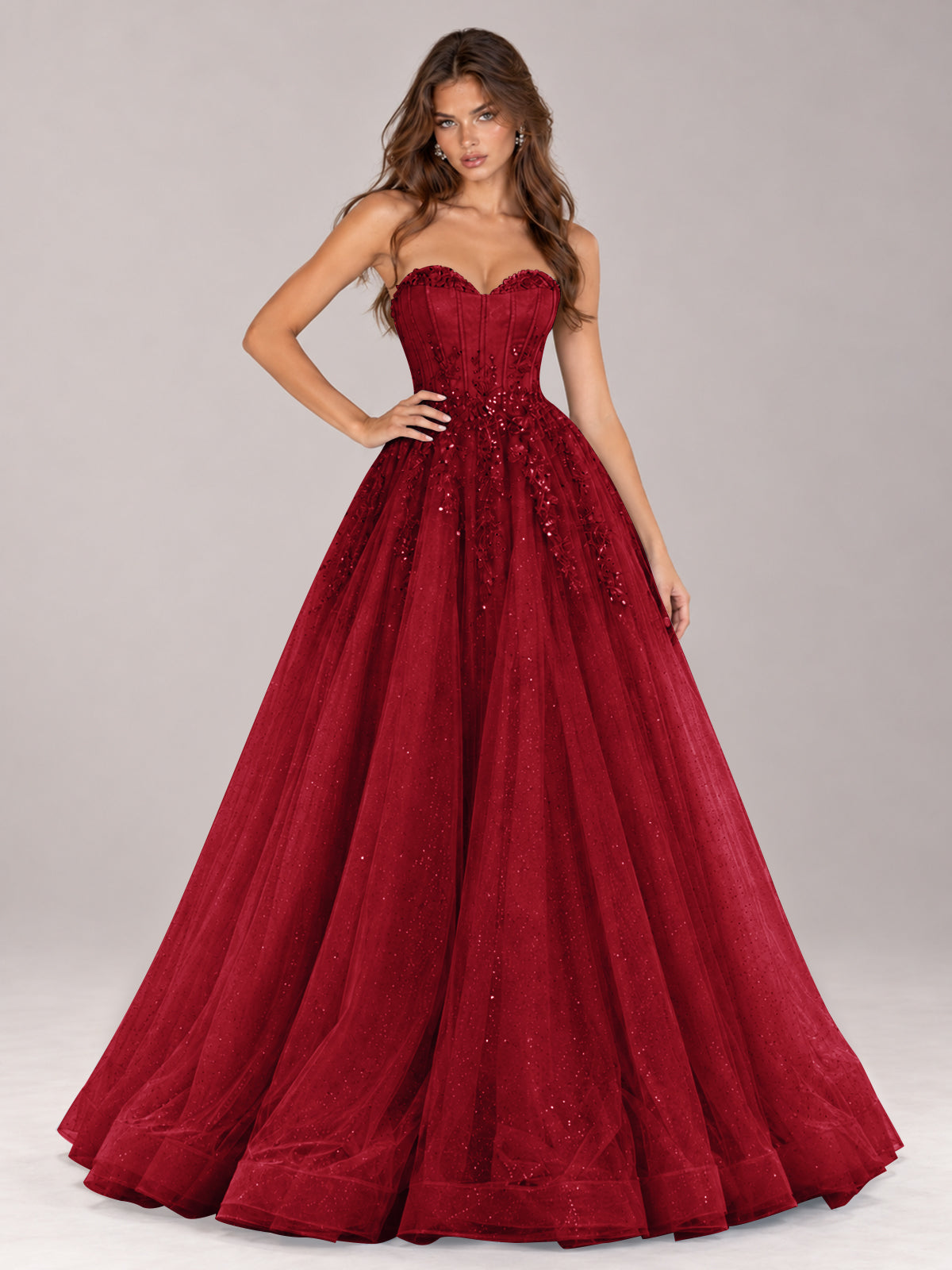 Strapless Sweetheart Beaded Corset Glitter Tulle Ball Gown Prom Dress