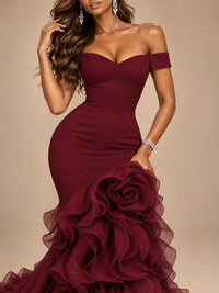 Dusty Blue Off-the-Shoulder Mermaid Prom Dress with 3D Rose & Ruffles
