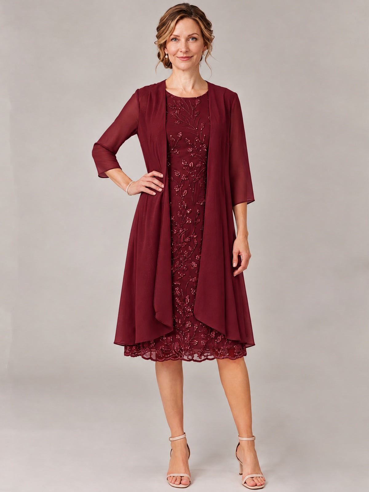 Tea Length Sequin Lace Mother of The Bride Dress with Chiffon Jacket
