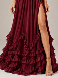 Halter V Neck Chiffon Formal Dress with Lace-Up Back and Ruffle Hem