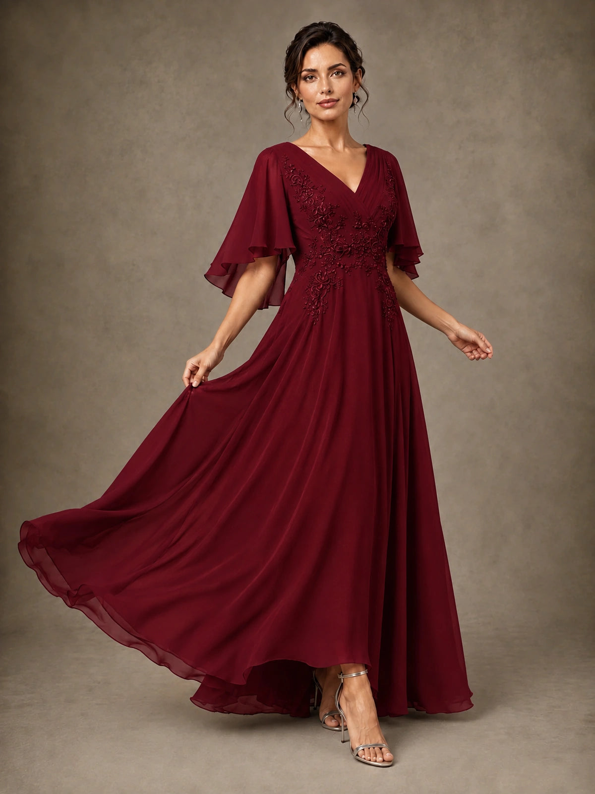 V-Neck Chiffon Lace Mother of the Bride Dress with Flutter Sleeves