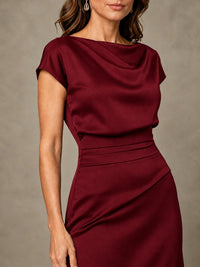Cowl Neck Satin Mother of the Bride Dress with Ruched Waist