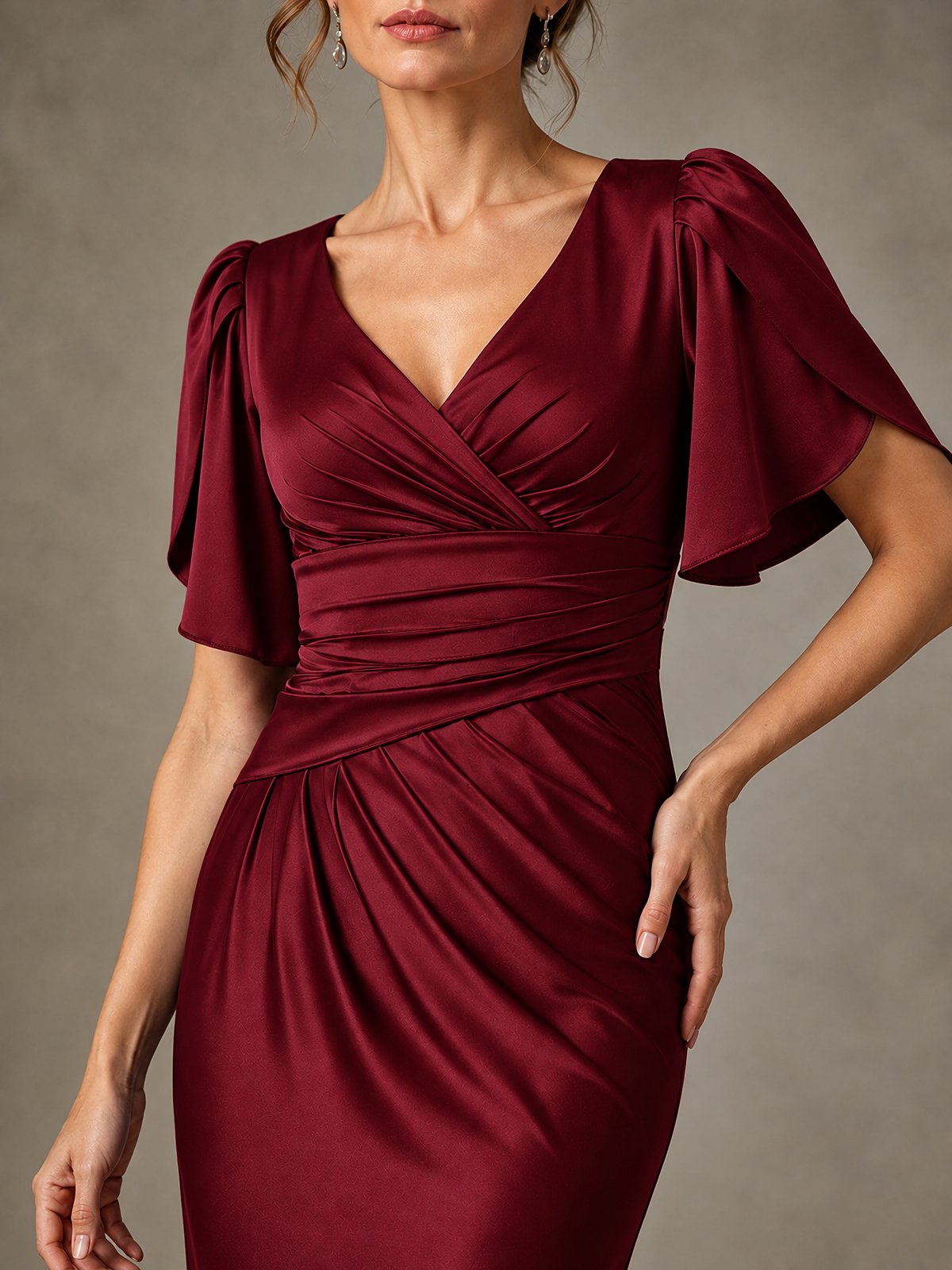 V-Neck Satin Mother of the Bride Dress with Flutter Sleeves